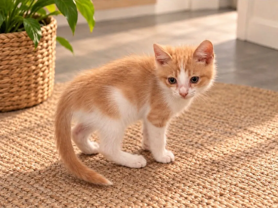 Gatito naranja y blanco de pie sobre una alfombra