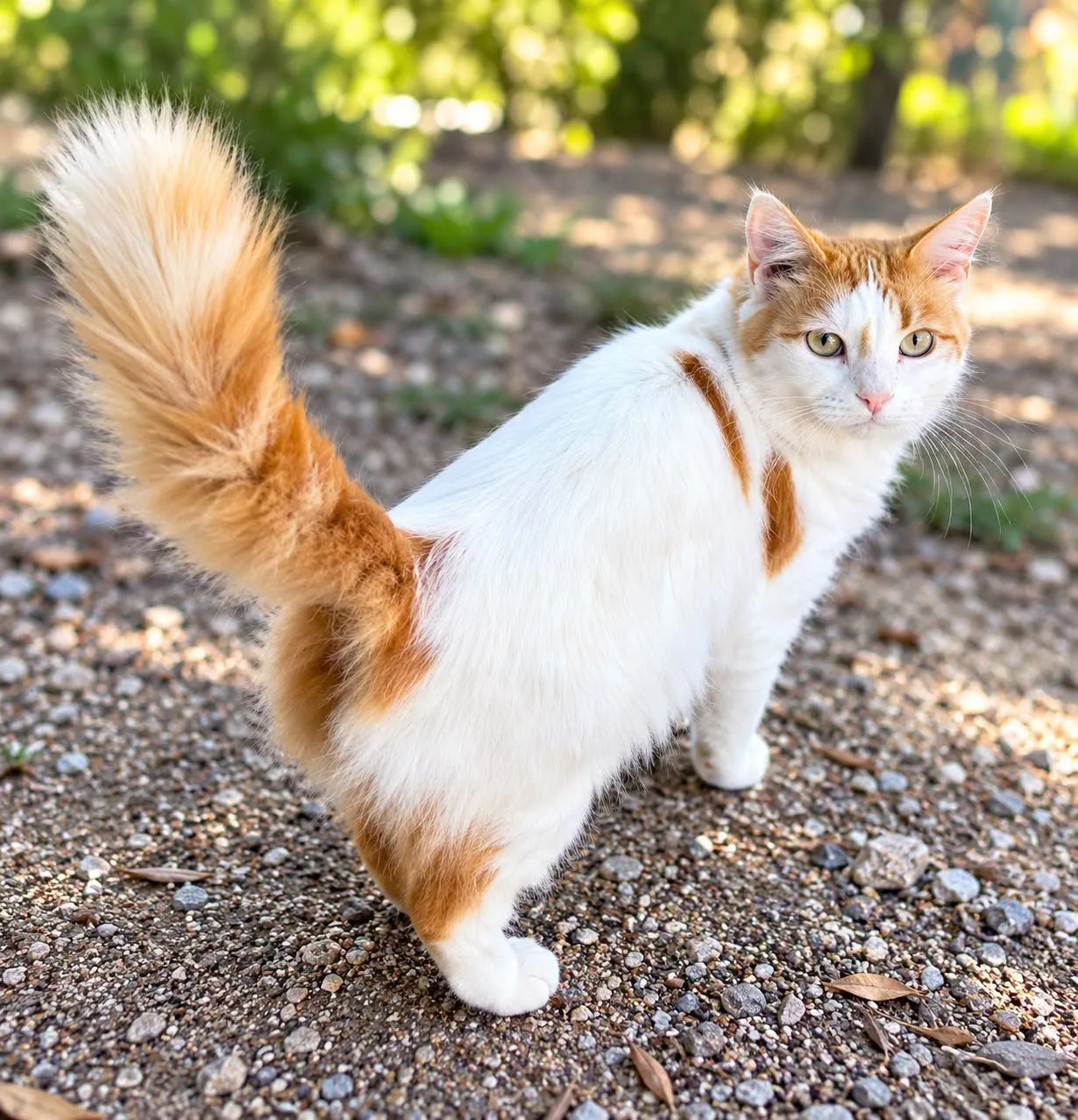 Gata blanca con manchas naranjas caminando sobre grava