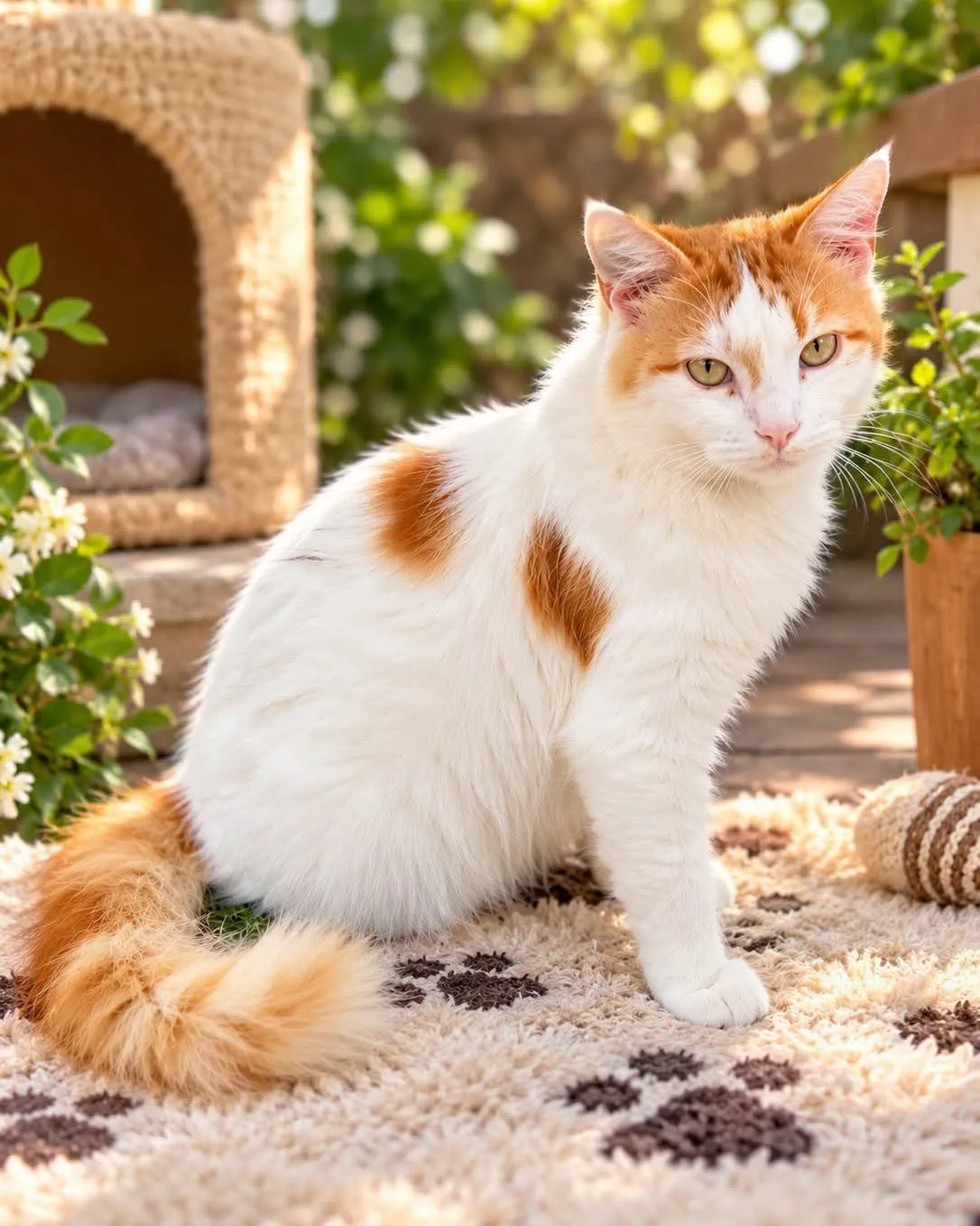 Gata blanca con manchas naranjas sentada en un jardín