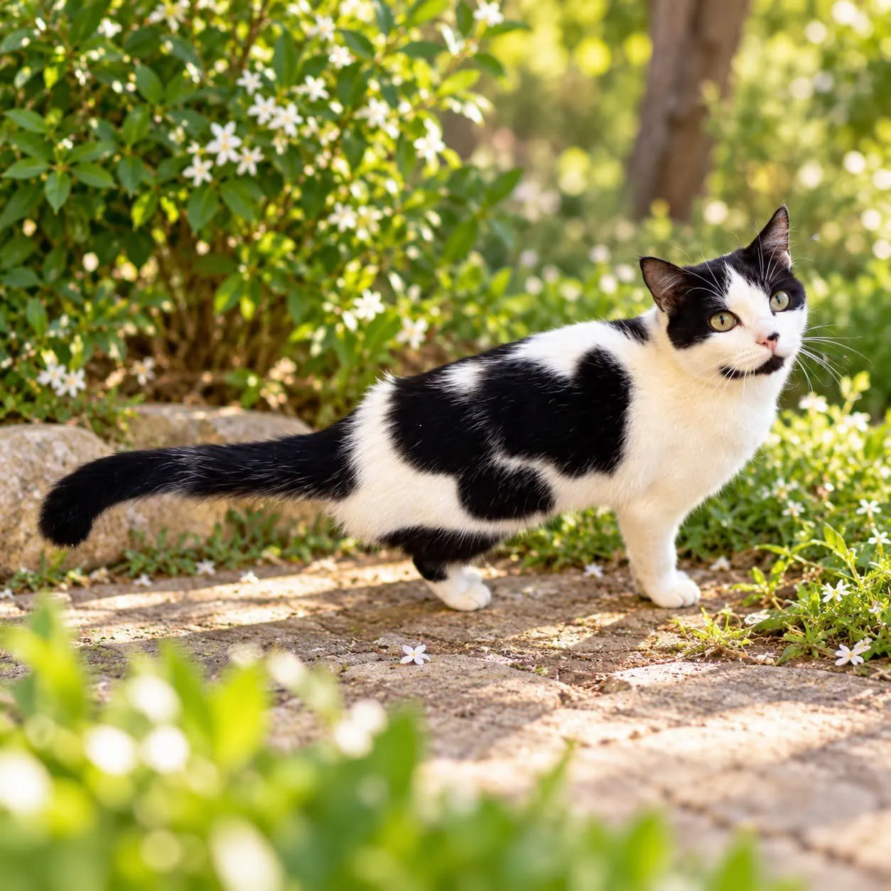 Gato blanco y negro caminando entre plantas al sol