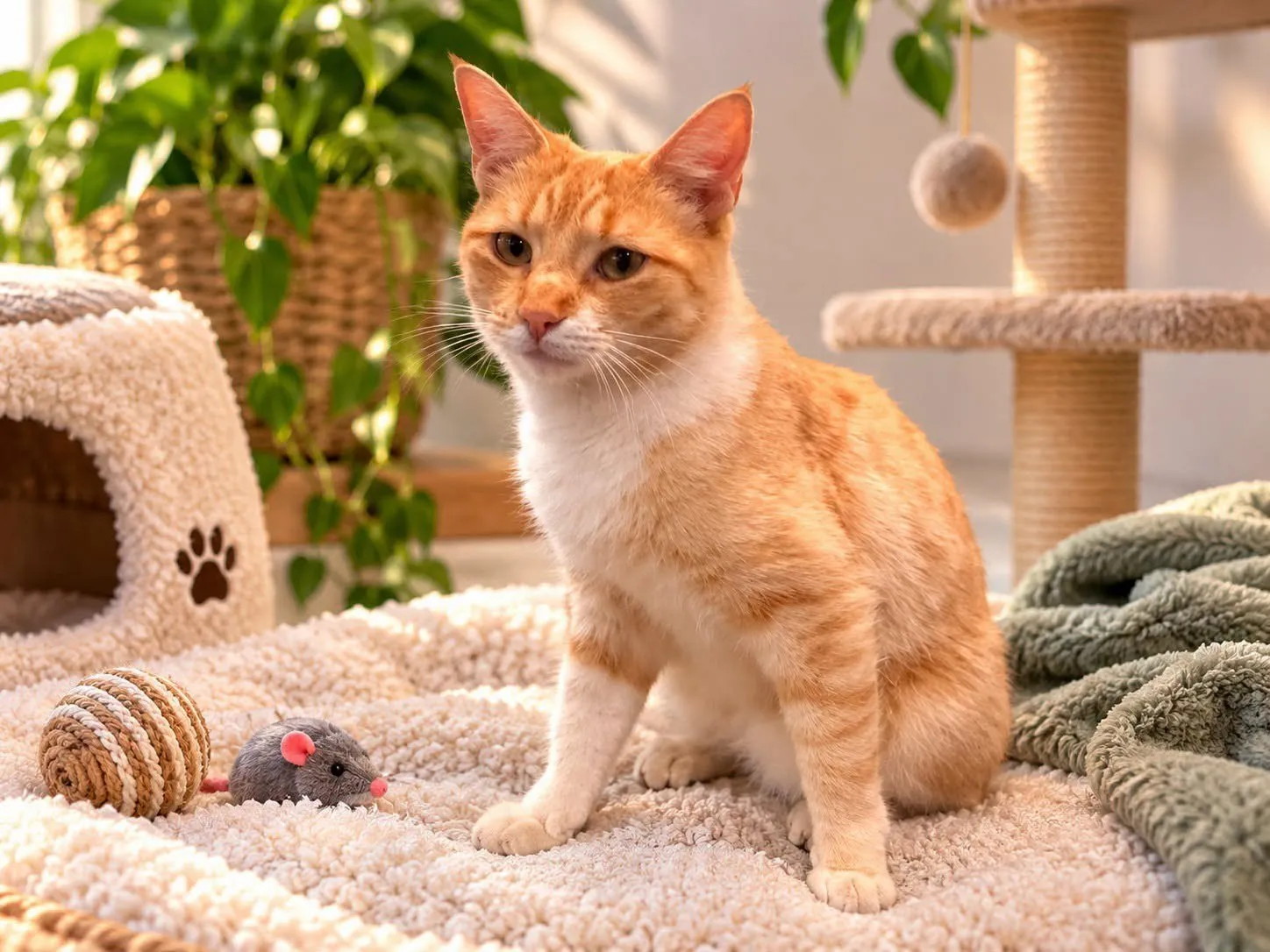 Gato naranja sentado sobre una alfombra junto a sus juguetes
